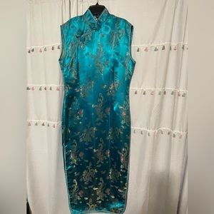 Turquoise satin Cheongsam silk look tiny floral size ten
